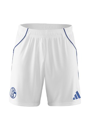 Shorts de sport blancs en tissu lisse, avec des accents bleus sur les côtés, un logo de club sur la jambe gauche et une taille élastique.