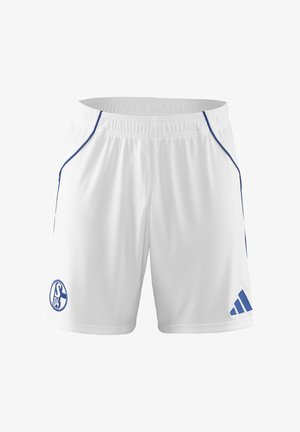 White athletic shorts made from smooth fabric, featuring blue side accents, a club logo on the left leg, and an elastic waistband.