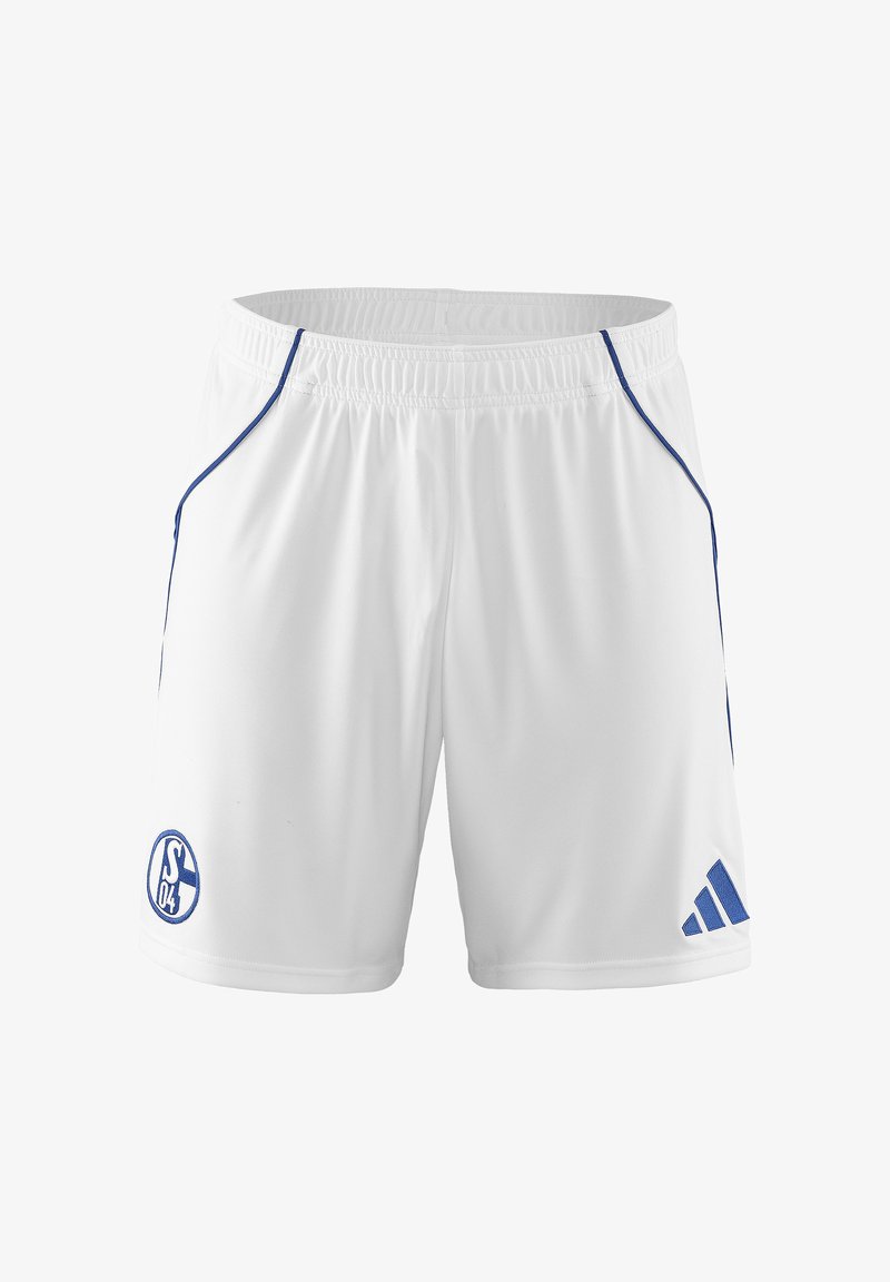 Weiße Sportshorts aus glattem Material, mit blauen seitlichen Akzenten, einem Vereinslogo auf dem linken Bein und einem elastischen Bund.