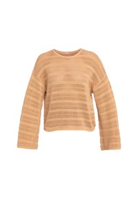 Beige knitted sweater featuring open weave with horizontal stripes, a crew neckline, and long sleeves, cropped length with textured finish.