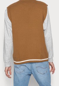 Ärmlös tröja i brunt stickat tyg med grå långa ärmar, med en vit randig fåll och ribbad textur på axlarna.