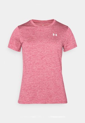 Kortärmad, rundhalsad tränings T-shirt i melerad rosa tyg, med en liten vit logotyp på vänster bröstområde. Mjukt, lätt material.