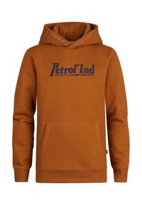 Bruine hoodie met een voorste kangoeroezak, trekkoorden en een marineblauwe bedrukking met de tekst "Petrol Ind Ice Race Class-Big Lake." Zachte textuur.