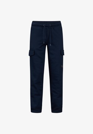 Marineblauwe cargojoggingbroek met elastische tailleband, verstelbaar trekkoord, zijflapzakken en omgeslagen enkels.