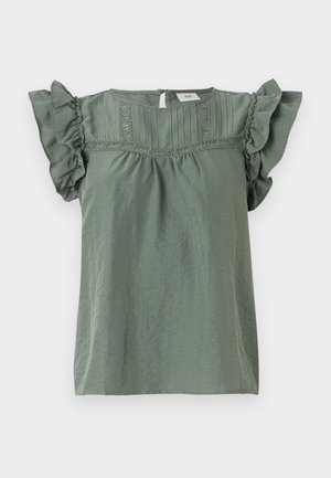 Žalia trumpomis rankovėmis palaidinė su raukiniais, tekstūruota medžiaga ir dekoratyvinėmis siūlėmis aplink kaklą. Su iškirpės uždarymu nugaroje.