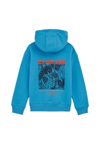 Mikina s kapucí v jasně modrém fleecu s černým tropickým vzorem palmových listů a červeným textem "BLUE RIDGE DENIM" na zádech. Rybí lemy na manžetách a spodním lemu.