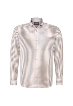 Long-sleeve button-up shirt with beige and white checkered pattern and a small chest pocket on the left side.