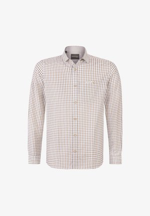 Long-sleeve button-up shirt with beige and white checkered pattern and a small chest pocket on the left side.