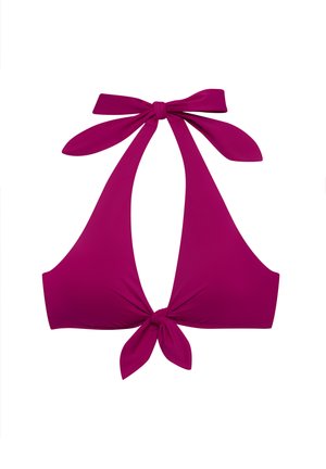 Magenta bikini felsőrész vállpántos kialakítással, hosszú megkötős pántokkal és csomós elülső résszel. Simogató, rugalmas anyagból készült.
