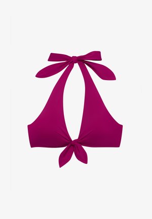 Μαγιώ τοπ σε ματζέντα με σχέδιο halter neck, διαθέτοντας μακριές δετές τιράντες και κόμπο στο μπροστινό μέρος. Κατασκευασμένο από λείο, ελαστικό ύφασμα.