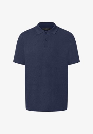 Dunkelblaues Polohemd aus strukturiertem Stoff, mit kleinem Kragen, Drei-Knopf-Leiste und kurzen Ärmeln.