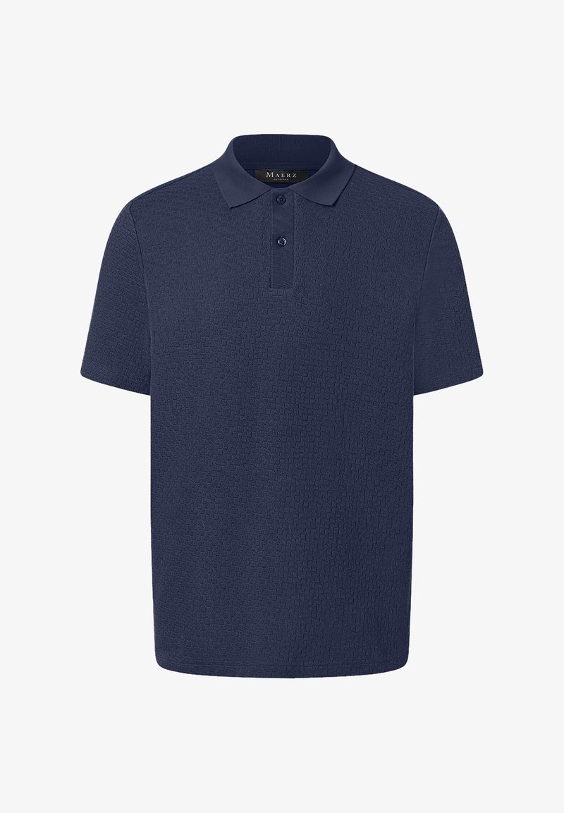 Námořnická modrá polo tričko vyrobené z texturované tkaniny, s malým límečkem, zapínáním na tři knoflíky a krátkými rukávy.