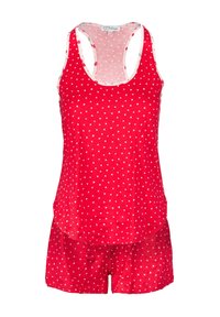 Červená bavlněná souprava skládající se z tílka a kraťasů s bílými srdíčkovými vzory, s kulatým výstřihem a designem za krkem.