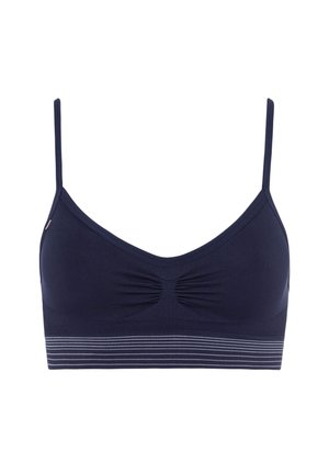 Navy-blaues Bralette mit dünnen Trägern; verfügt über eine geraffte Mitte und ein gestreiftes Band am unteren Rand für zusätzliche Details. Weicher Stoff.