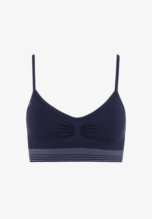 Navy-blaues Bralette mit dünnen Trägern; verfügt über eine geraffte Mitte und ein gestreiftes Band am unteren Rand für zusätzliche Details. Weicher Stoff.