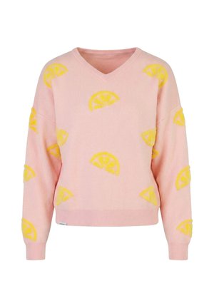 Pull rose à manches longues avec col en V, orné d'un motif de tranches de citron jaune dispersées sur le devant et les manches.