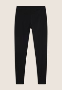 Leggings neri realizzati in tessuto elastico, con una superficie liscia, design aderente e una vita elastica per il comfort.