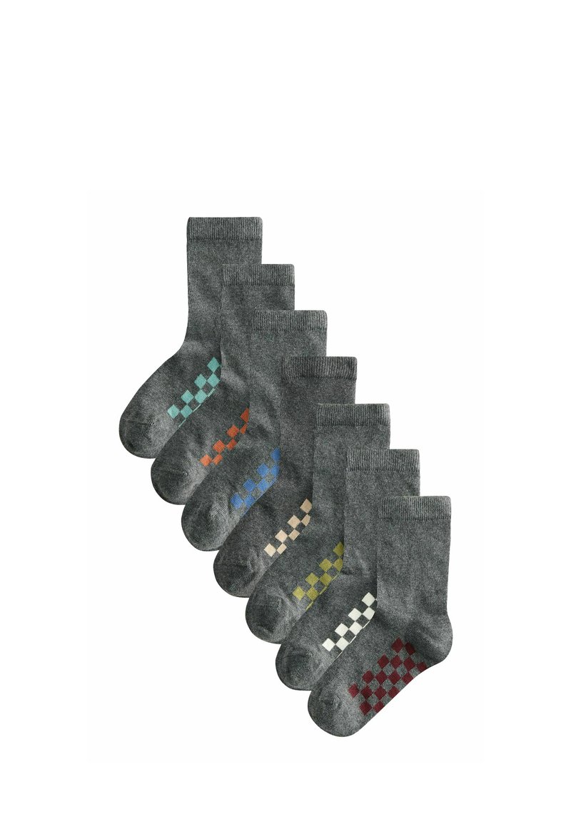 Set aus sieben grauen Socken mit gemusterten Akzenten in Türkis, Orange, Blau, Beige, Grün, Weiß und Rot, die eine weiche, gestrickte Textur aufweisen.