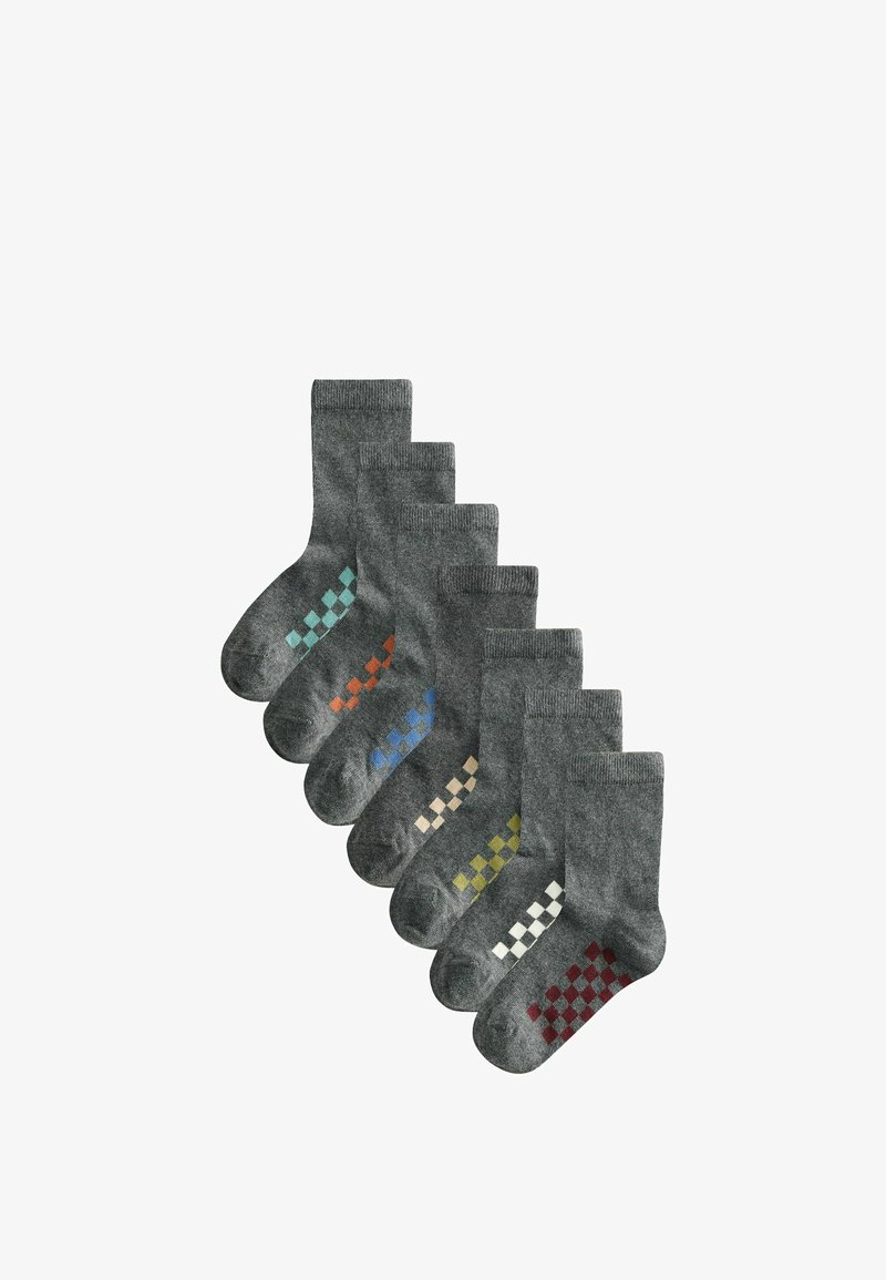 Seitsme halli sokki komplekt, millel on mustrilised aktsendid türkiissinisest, oranžist, sinisest, beežist, rohelisest, valgest ja punasest, pehme, kootud tekstuuriga.