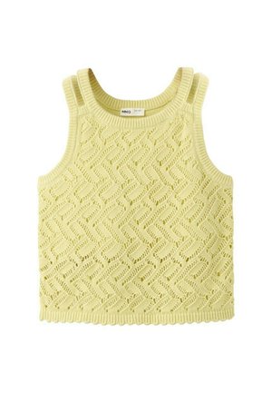 Haut court sans manches jaune en maille avec un motif zigzag texturé et des bords côtelés à l'encolure, aux emmanchures et à l'ourlet.