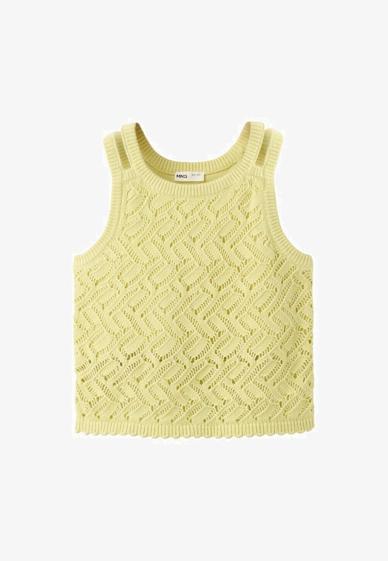 Haut court sans manches jaune en maille avec un motif zigzag texturé et des bords côtelés à l'encolure, aux emmanchures et à l'ourlet.