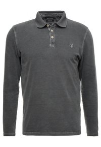 Gray long-sleeve polo shirt with a soft texture, three-button placket, and embroidered logo on the left chest. Casual design.
