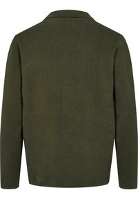 Mörkgrön tröja med långa ärmar, en krage och en slät yta. Har en ren, minimalistisk design utan synliga knäppningar.