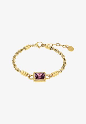 Bracciale a catena intrecciata color oro con pietra centrale rettangolare viola e chiusura regolabile con piccolo targhetta rotonda del marchio.