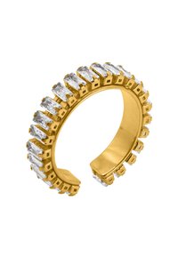 Goldfarbene Ring mit abwechselnd rechteckigen klaren Kristallen, die in einem Band gesetzt sind, und einem offenen Design für eine anpassbare Passform.