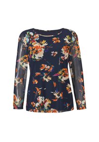 Langärmliges Blusenshirt mit floralem Muster auf navy Hintergrund, das leuchtend orange, weiße und lila Blumen zeigt. Hergestellt aus leichtem, durchsichtigem Stoff.