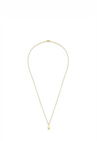 Zelta kaklarota ar plānu, delikātu ķēdi un taisnstūrveida piekariņu. Gluda tekstūra, minimālisma dizains un droša stiprinājuma detaļa.