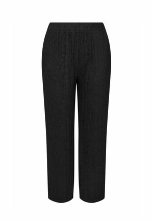 Pantalones negros cortos con cinturilla elástica, que presentan una tela texturizada y un diseño de pierna recta, ofreciendo un ajuste relajado.