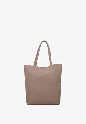 Taupe weiche Lederhandtasche mit zwei Schulterriemen und einfachem, ungeschmücktem Design vor weißem Hintergrund.