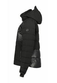 Chaqueta acolchada negra con capucha desmontable, que presenta una mezcla de tejido mate y paneles brillantes, bolsillo lateral con cremallera y puños con Velcro.
