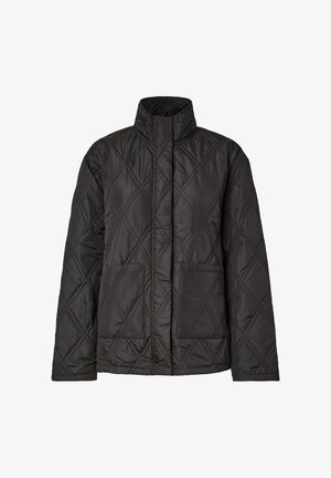 Giacca nera trapuntata con colletto alto, due tasche frontali e un motivo a diamante sul tessuto testurizzato.