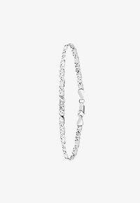 Pulsera de cadena de plata con eslabones ovalados interconectados y un cierre seguro. Textura suave con un acabado pulido y un diseño minimalista.