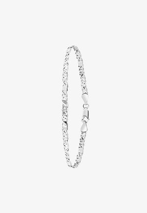 Silver chain bracelet featuring interconnected oval links and a secure clasp. Smooth texture with a polished finish and a minimalist design.