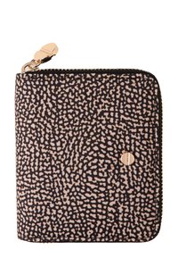 Zippered wallet in printed fabric featuring a light pink and black abstract pattern, with gold-tone hardware and rounded corners.