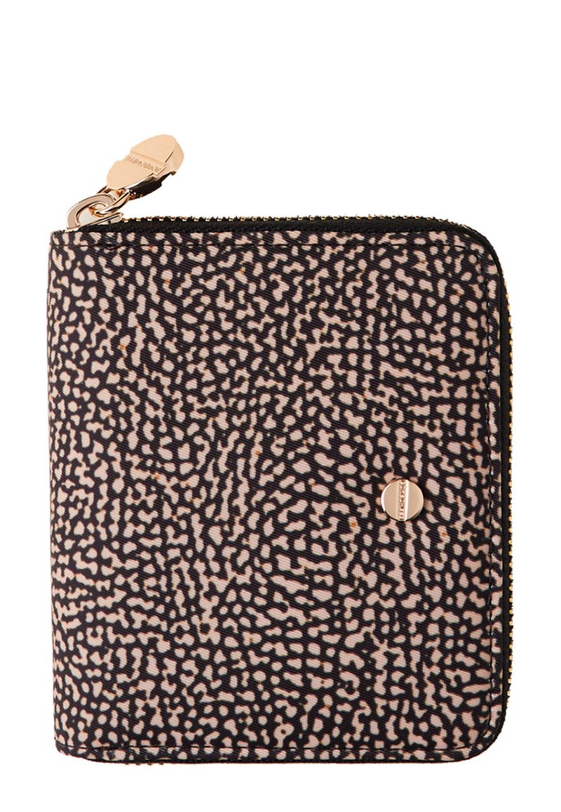 Zippered wallet in printed fabric featuring a light pink and black abstract pattern, with gold-tone hardware and rounded corners.