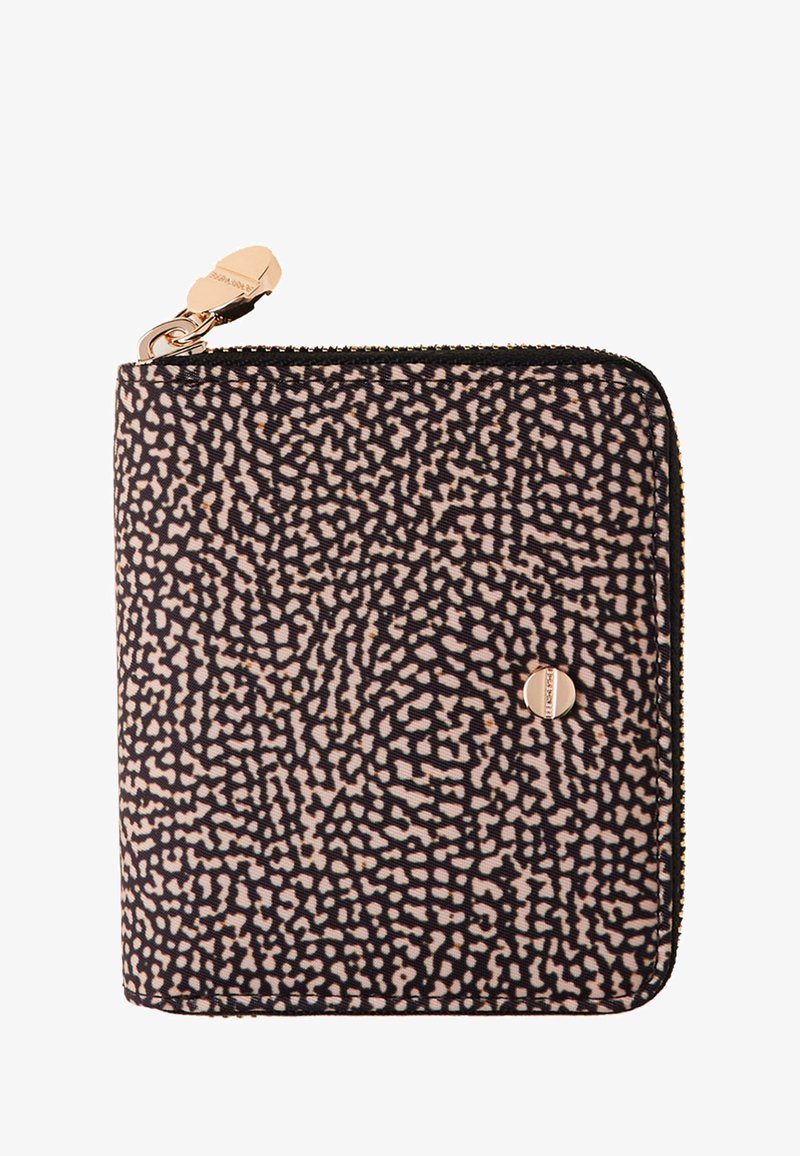 Zippered wallet in printed fabric featuring a light pink and black abstract pattern, with gold-tone hardware and rounded corners.