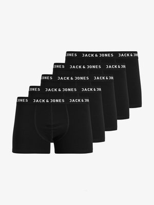 Schwarze Boxershorts aus weichem Stoff, mit einem breiten elastischen Bund mit "JACK & JONES"-Branding. Fünf Paare in einer Reihe angeordnet.