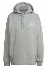 Sweat à capuche gris en tissu doux, avec une poche kangourou à l'avant, une capuche avec cordon de serrage, et un petit logo blanc sur la poitrine.