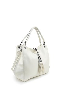 White leather handbag with a textured surface, two shoulder straps, and silver hardware. Features a tassel accent attached to the zipper.