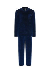 Conjunto de pijama de terciopelo azul marino que incluye una camiseta de cuello en V de manga larga con un bolsillo en el pecho y pantalones a juego. Textura suave y corte relajado.