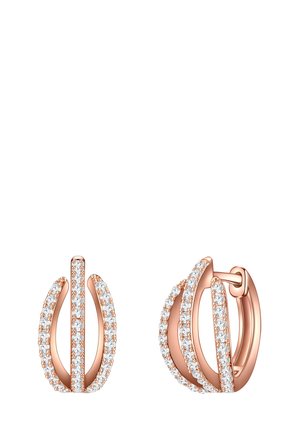 Rose gold øreringe i hoop-design med lodrette og buede stænger, hver dekoreret med små hvide diamanter, vist fra front- og sideperspektiv.