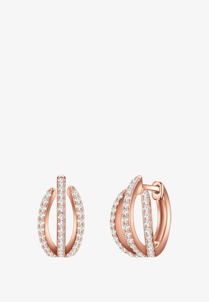 Boucles d'oreilles créoles en or rose avec des barres verticales et courbes, chacune sertie de petits diamants blancs, vues de face et de côté.