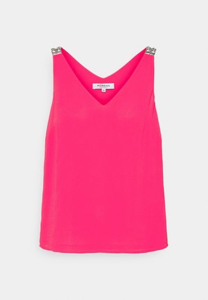 Bright pink sleeveless top with V-neck and metal clasp details on both shoulder straps, labeled size 36 by Morgan brand.