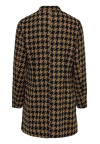 Manteau manches longues avec motif pied-de-poule noir et marron, coupe droite et col montant, vu de dos.