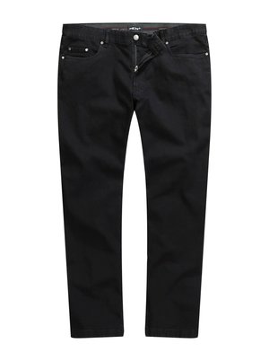 Schwarze Herrenjeans mit geradem Schnitt, aus einem elastischen Baumwollgemisch, ausgestattet mit Fronttaschen, einem Reißverschluss und metallischen Knopfakzenten.