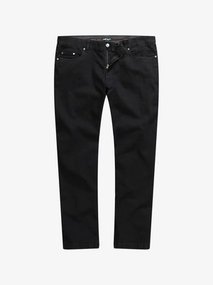 Mustat miesten farkut suoran leikkauksen omaavia, valmistettu joustavasta puuvillaseoksesta, jossa on etutaskut, vetoketju ja metalliset napit.